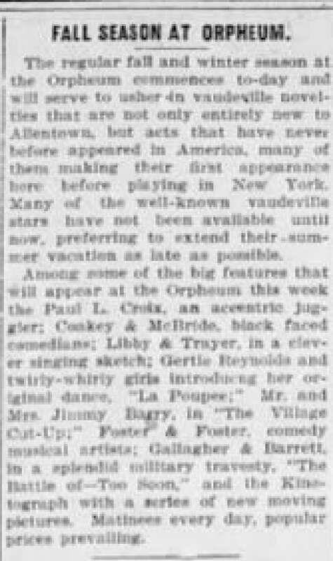 Orpheum Theater Article Allentown PA