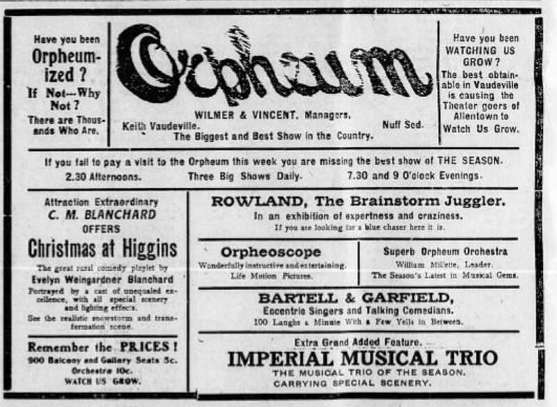 Orpheum Vaudeville Theater Newspaper Ad Allentown PA