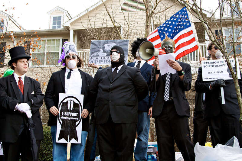 Protester reading statement aloud at anti-Scientology protest in Atlanta, GA