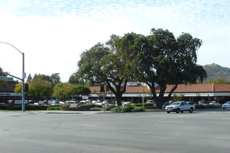 Site of 21-Mile House, Morgan Hill, Santa Clara County, California, U.S.A.  California Registered Historic Landmark No. 259.  View of site diagonally across intersection of Monterey Street and Tennant Avenue, looking in southwesterly direction.