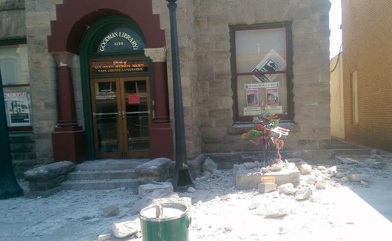 Earthquake debris and damaged artwork in front of the Goodman Library in Napa, California. Photo by Jim Heaphy.
