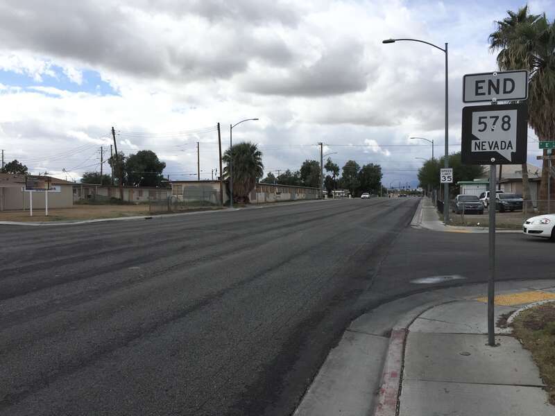 View west at the west end of Nevada State Route 578 (Washington Avenue) in Las Vegas, Nevada