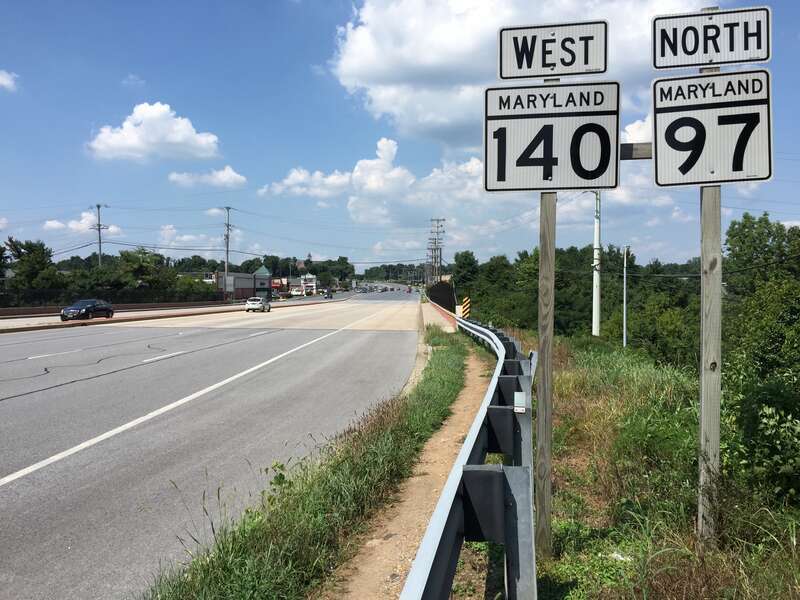 View north along Maryland State Route 97 and west along Maryland State Route 140 (Baltimore Boulevard) at Maryland State Route 27 (Manchester Road) in Westminster, Carroll County, Maryland
