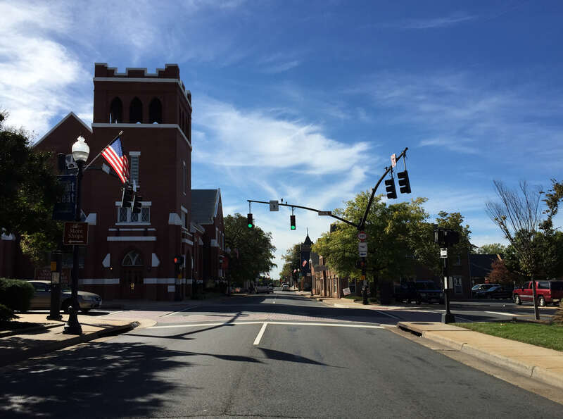 View south along Virginia State Route 28 (Church Street) at Main Street in Manassas, Virginia