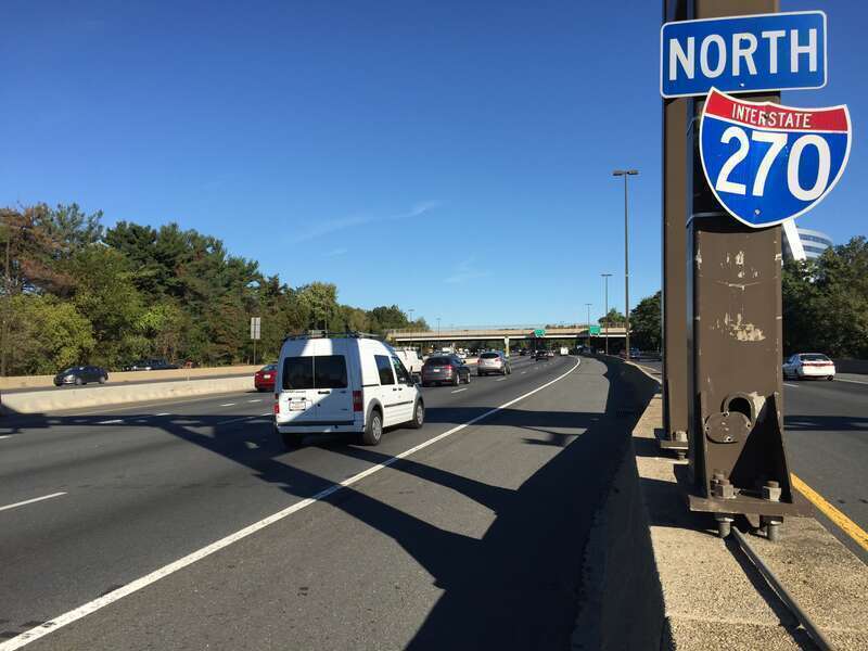 View north along Interstate 270 (Washington National Pike) between Exit 4 (Montrose Road) and Exit 5 (Maryland State Route 189/Falls Road) in Rockville, Montgomery County, Maryland