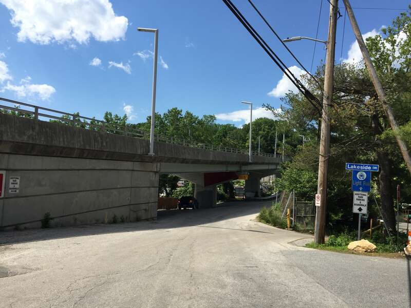 View north along Maryland State Route 746 at Lakeside Drive in Towson, Baltimore County, Maryland