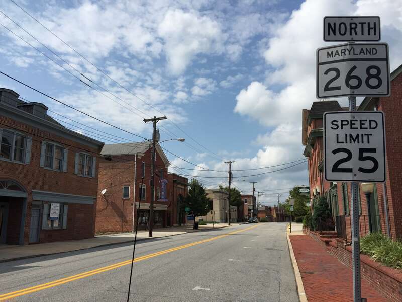 View north along Maryland State Route 268 (North Street) at Maryland State Route 7 (Main Street) in Elkton, Cecil County, Maryland