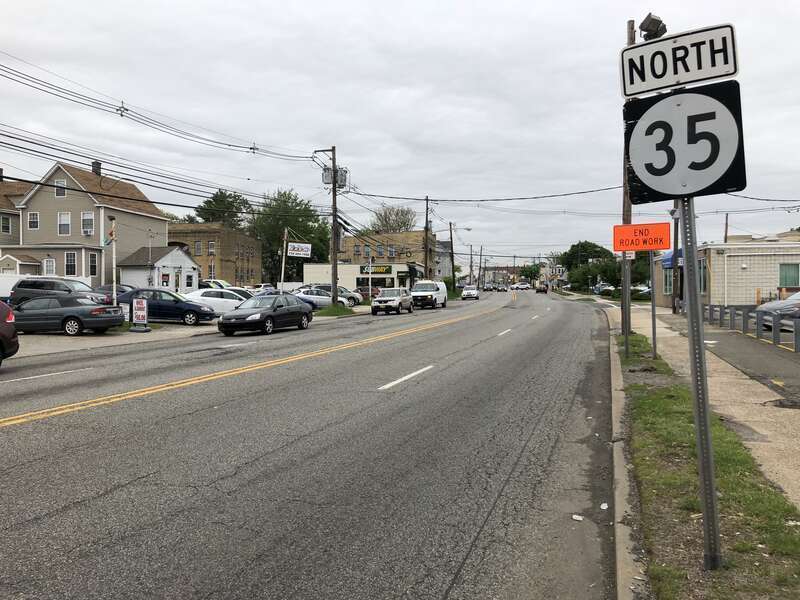 View north along New Jersey State Route 35 (Convery Boulevard) at Lawrie Street in Perth Amboy, Middlesex County, New Jersey