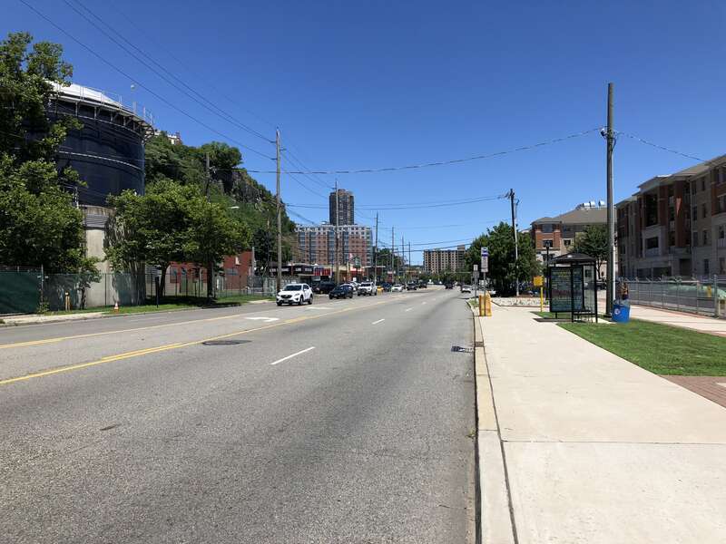 View north along Hudson County Route 505 (River Road) just north of Lydia Drive in North Bergen Township, Hudson County, New Jersey