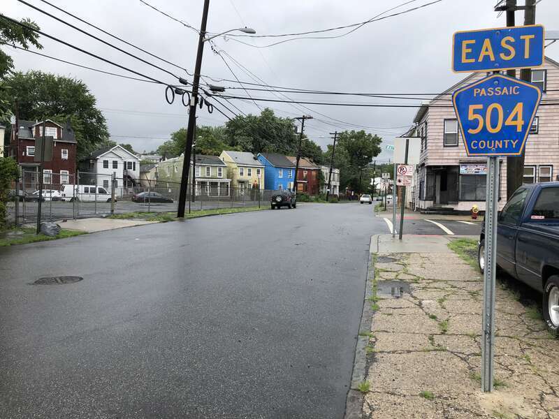 View east along Passaic County Route 504 (Main Street) at Watson Street in Paterson, Passaic County, New Jersey