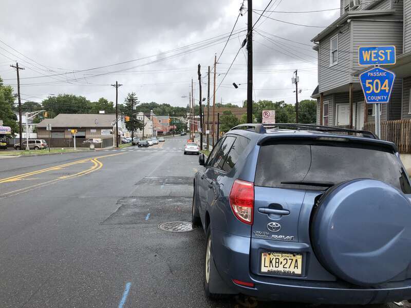 View west along Passaic County Route 504 (Haledon Avenue) at Holsman Street in Paterson, Passaic County, New Jersey