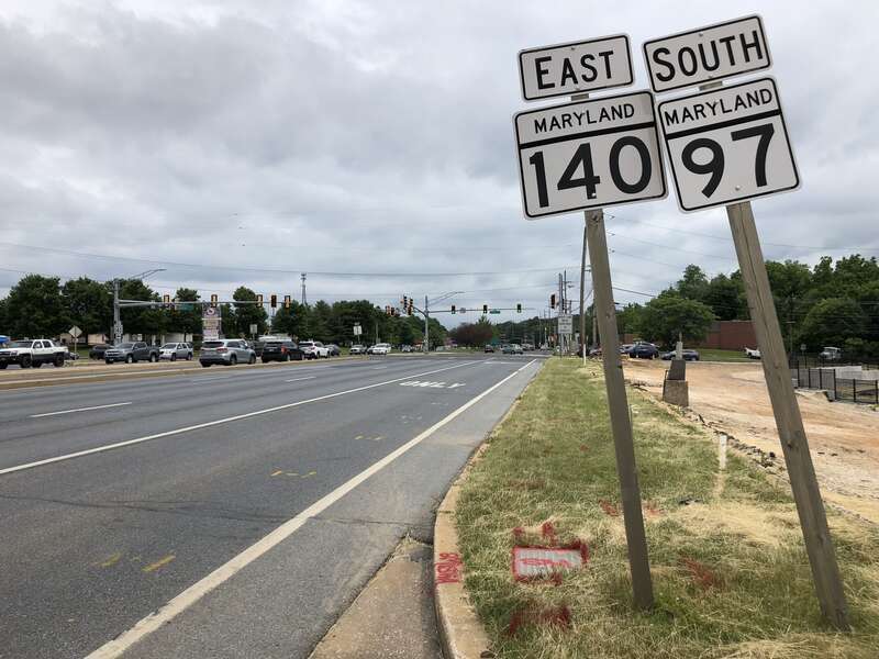 View east along Maryland State Route 140 and south along Maryland State Route 97 (Baltimore Boulevard) at Center Street in Westminster, Carroll County, Maryland