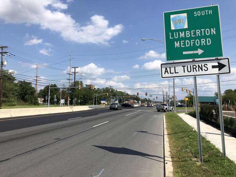 View east along New Jersey State Route 38 at the exit for Burlington County Route 691 SOUTH (Lumberton, Medford) in Lumberton Township, Burlington County, New Jersey