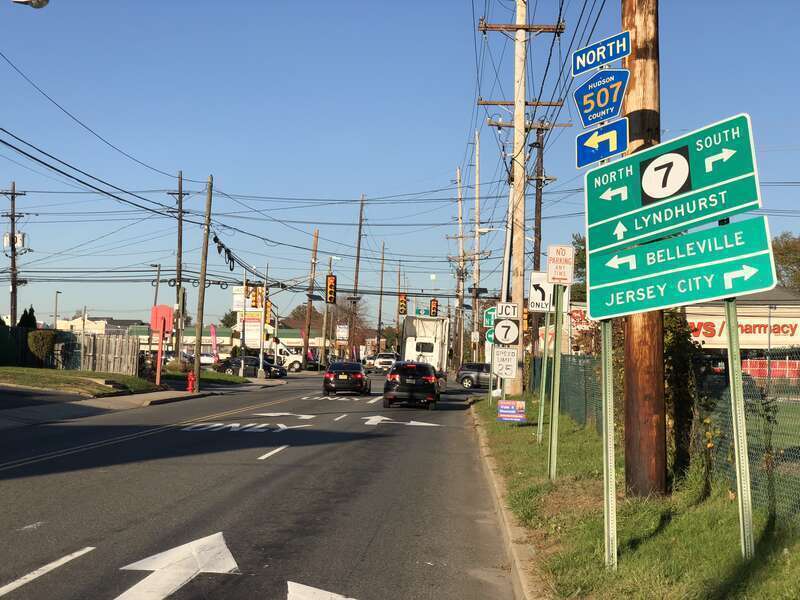 View north along Hudson County Route 507 (Schuyler Avenue) at New Jersey State Route 7 (Belleville Turnpike) in Kearny, Hudson County, New Jersey