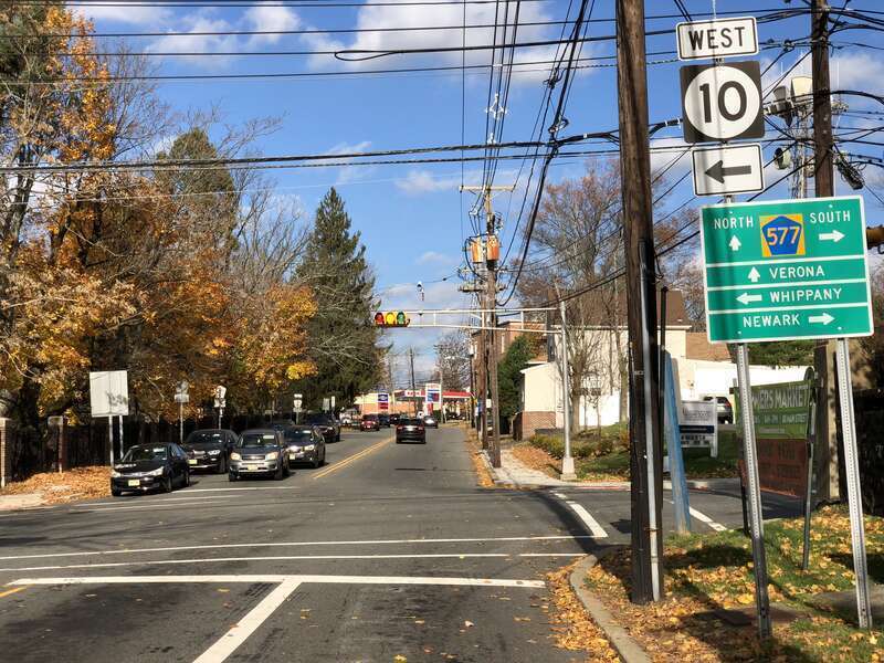 View north along Essex County Route 577 Spur (Prospect Avenue) at New Jersey State Route 10 and Essex County Route 577 (Mount Pleasant Avenue) in West Orange Township, Essex County, New Jersey