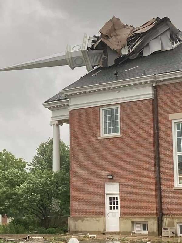 The main steeple of College Church in w:Wheaton, Illinois which was blown over and destroyed by the w:August 2020 Midwest derecho.