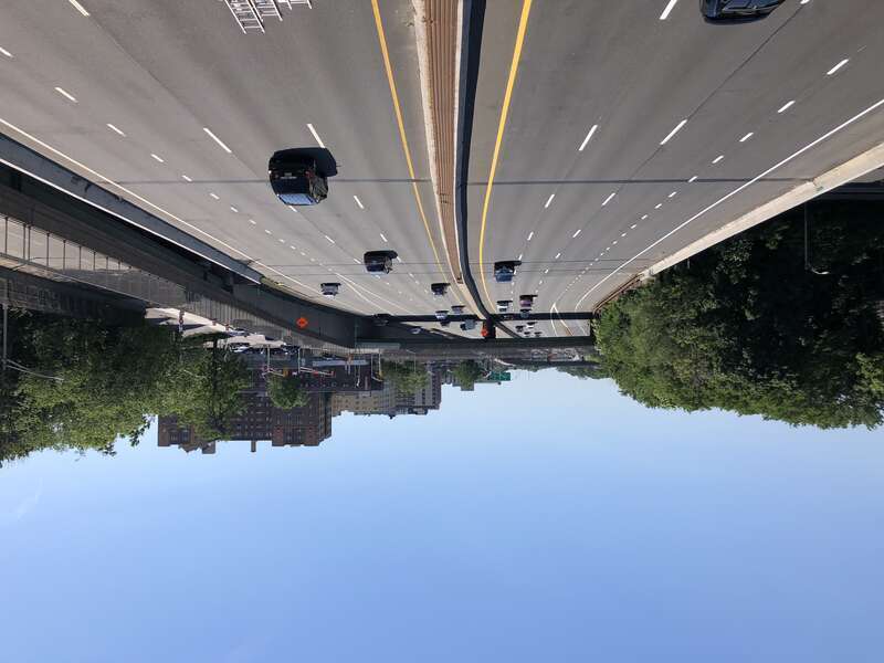 View south along New Jersey State Route 444 (Garden State Parkway) from the overpass for Main Street/Dr. Martin Luther King Junior Boulevard in East Orange, Essex County, New Jersey
