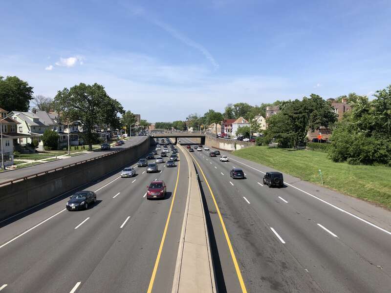 View north along New Jersey State Route 444 (Garden State Parkway) from the pedestrian overpass at New Street in East Orange, Essex County, New Jersey