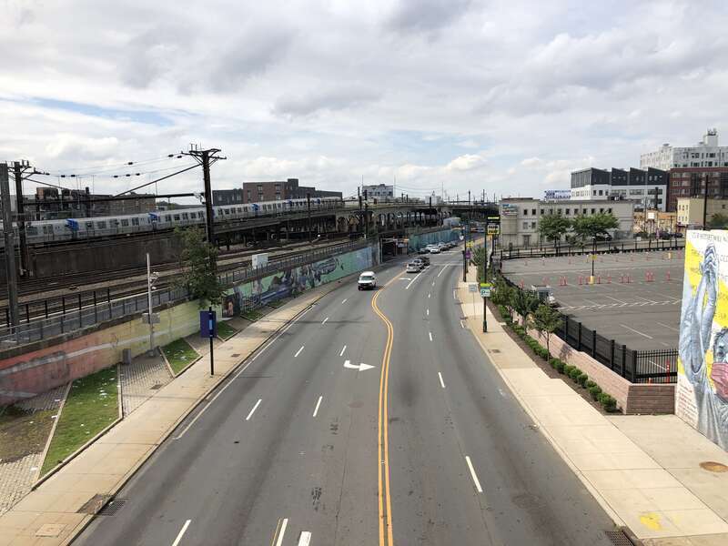 View south along New Jersey State Route 21 (McCarter Highway) from the pedestrian overpass between Lafayette Street and Edison Place in Newark, Essex County, New Jersey