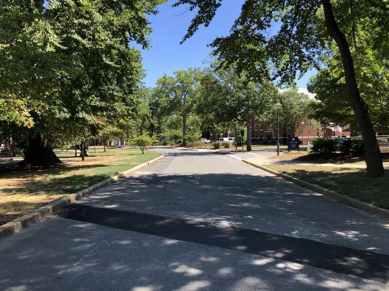 View southeast at the northwest end of D Street on the campus of the College of New Jersey in Ewing Township, Mercer County, New Jersey