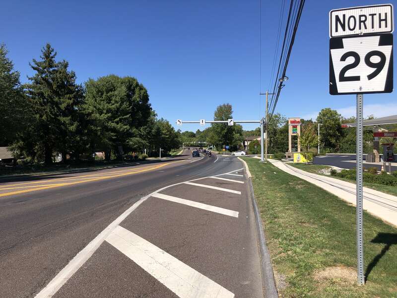 View north along Pennsylvania State Route 29 (Cedar Crest Boulevard) just north of Green Drive in Emmaus, Lehigh County, Pennsylvania