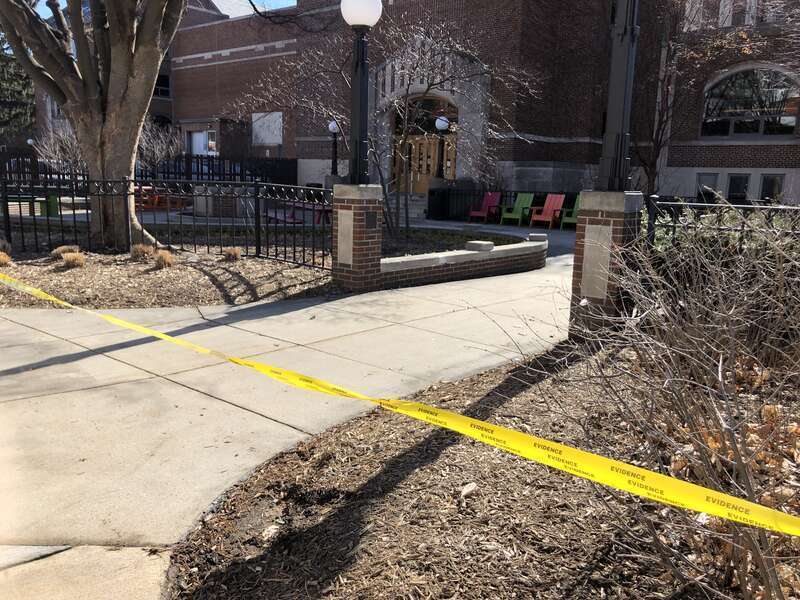 North side of the MSU Student Union with police tape in place after the previous night's shooting.