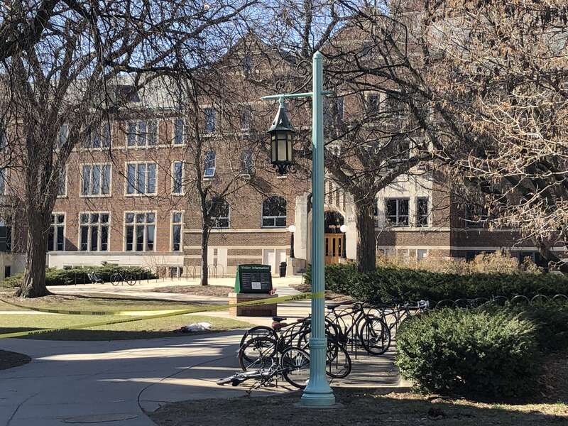 North side of the MSU Student Union with police tape in place after the previous night's shooting.