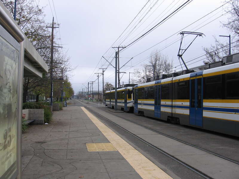 The 23rd Street (Sacramento RT) light rail station in Sacramento, California, USA.  Looking east at an outbound tram.