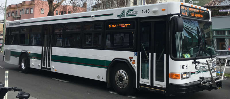 AC Transit Gillig 40' diesel bus #1618 heading towards Fruitvale on the 51A line in early 2019.