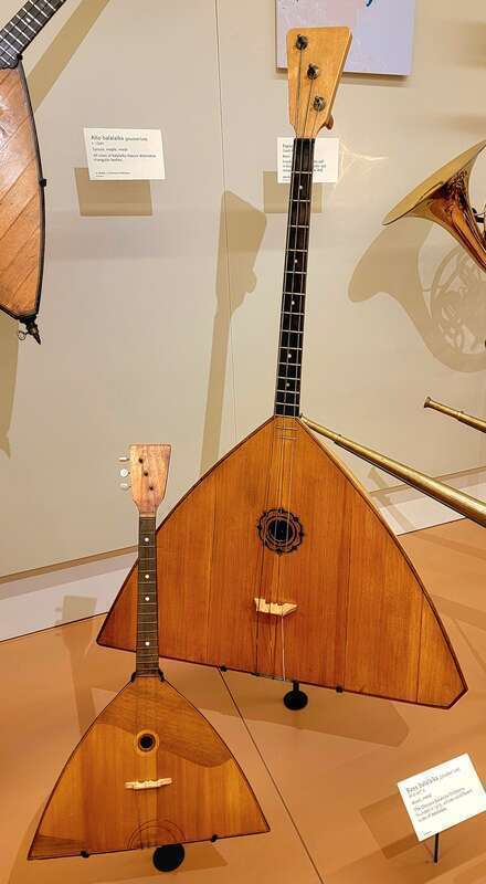 A prima balalaika and a bass balalaika at the musical Instrument Museum (museum in Phoenix, Arizona). Mid 20th century. Photo by Jim Heaphy.
