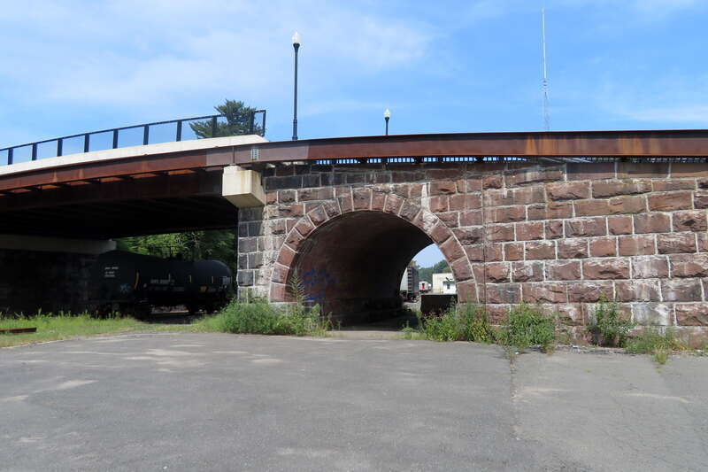 An unusual arched bridge abutment in Westfield, Massachusetts, seen in August 2018