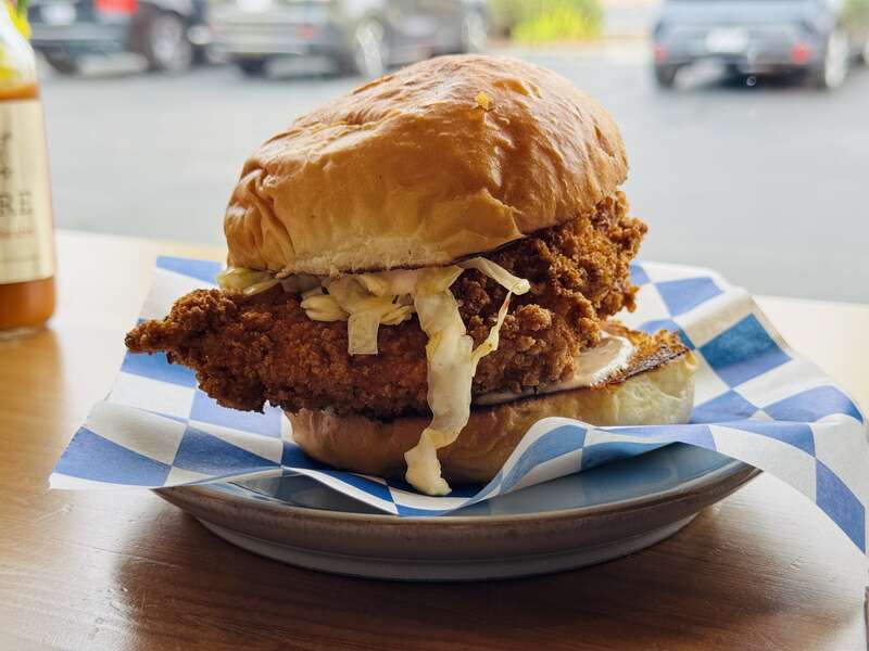 Fried chicken sandwich with cabbage and mayo at Belfare, Petaluma, California