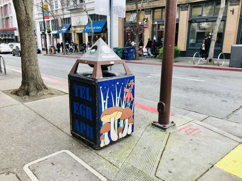 a trash can with mushroom paintings on the street right outside UC Berkeley campus