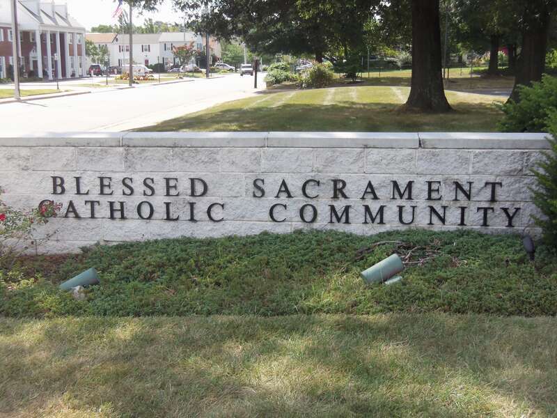 The church sign at Blessed Sacrament Catholic Church in Alexandria, Virginia.