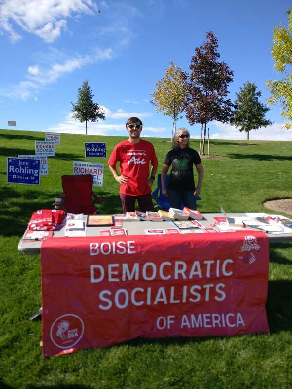 Two of the founding members of the Boise Idaho chapter of the DSA at a big tent event featuring Democratic candidates for office and diverse advocacy groups held at Julius M. Kleiner Memorial Park in Meridian, Idaho in late September 2018.