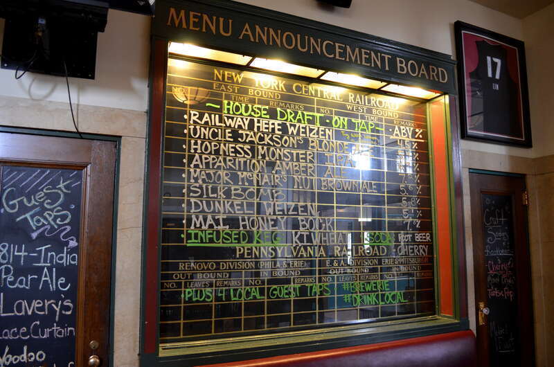 Beer menu for the Brewerie at Union Station in Erie, Pennsylvania, made from the former railroad timetable boards.