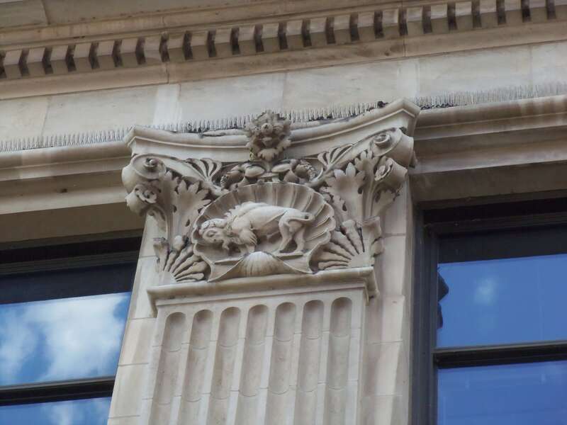 Detail showing the buffalo capital on the First National Bank Building  in Davenport, Iowa.