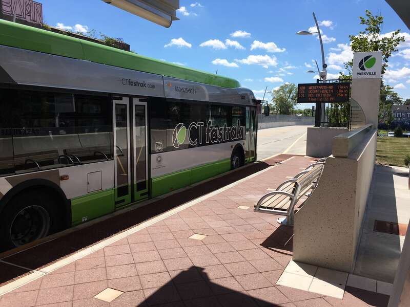 A New Britain-bound CTfastrak bus at Parkville station in August 2016