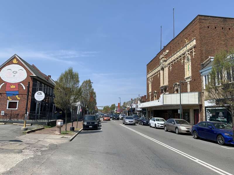 Carytown in Richmond, Virginia, as seen from West Cary Street.  The historic Byrd Theatre can be seen on the right
