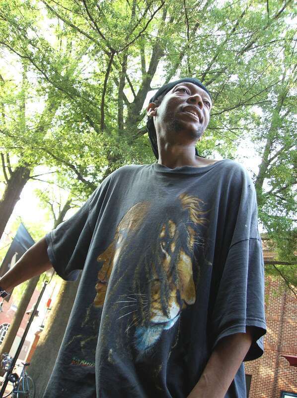 Cecil, panhandler/dishwasher, at Mudhouse Coffeehouse on the pedestrian mall in Charlottesville, Virginia ().