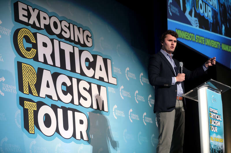 Charlie Kirk speaking with attendees at the Minnesota State University, Mankato tour stop of the 2021 Turning Point USA college tour at the Mayo Clinic Health System Event Center in Mankato, Minnesota.

Please attribute to Gage Skidmore if used