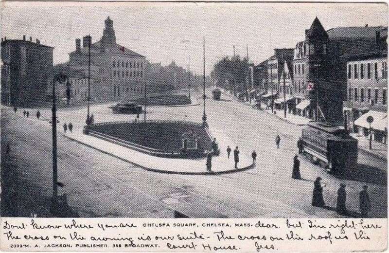 1906 undivided back postcard of a Boston &amp;amp; Northern streetcar in Chelsea Square