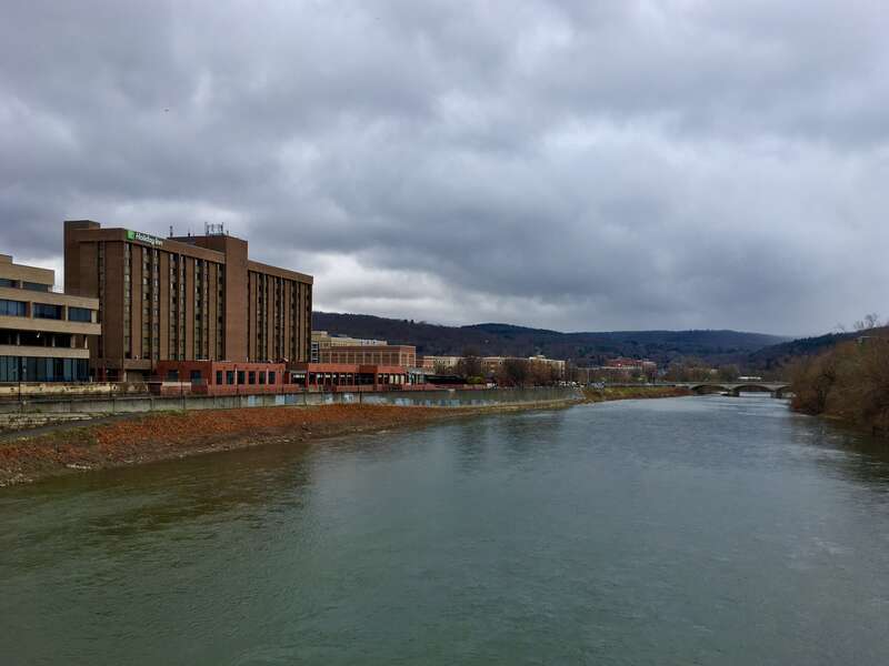 Looking southward along the Chenango River from the Court Street bridge in Binghamton, New York, Thanksgiving Day 2019.