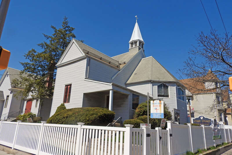 Looking north at church on a sunny midday