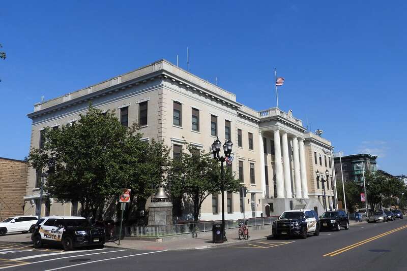 Looking east at the town hall on a sunny afternoon