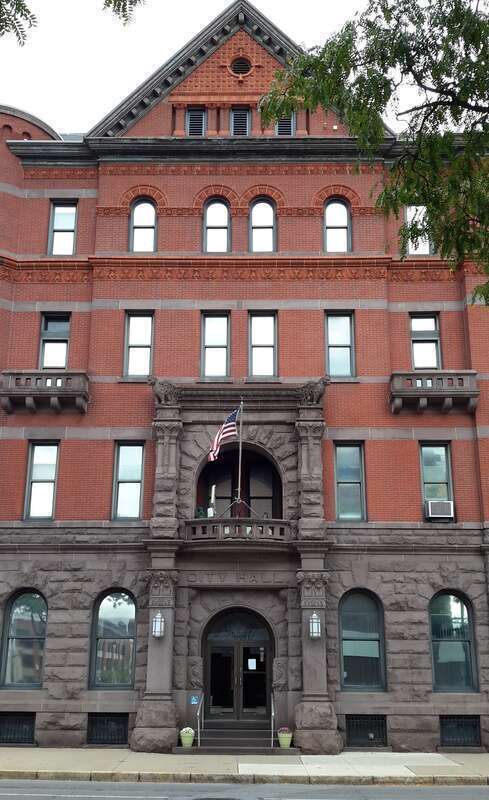 City Hall building in front of East Market Street in Wilkes-Barre, Pennsylvania.