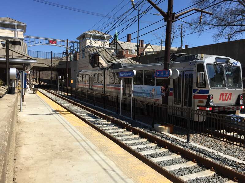 A light rail train on the RTA Rapid Transit Blue Line at Shaker - Lee Station.