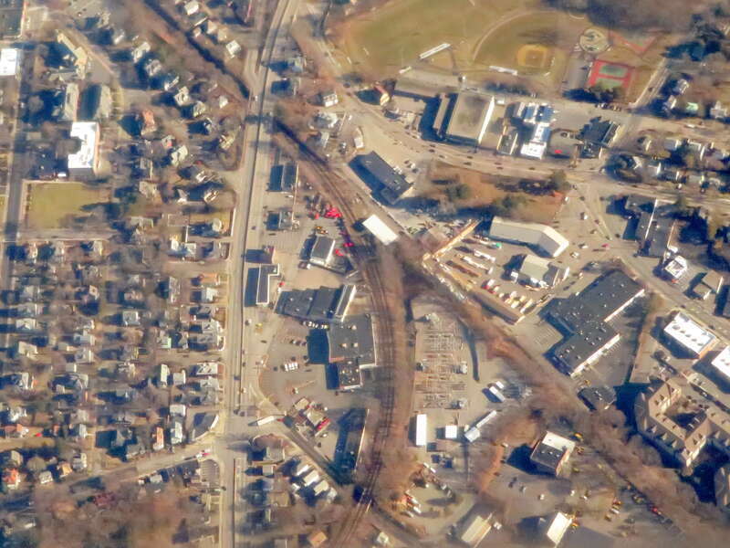 Aerial view of Cook Street Junction - where the Highland Branch (now the Green Line &quot;D&quot; Branch) split from the now-abandoned Charles River Railroad - in December 2018