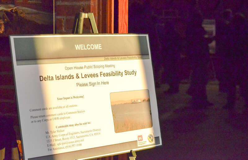 The sun shines on a ‘welcome’ sign greeting visitors to the U.S. Army Corps of Engineers Sacramento District’s public scoping meetings for the Delta Islands and Levees Feasibility Study Feb. 19, 2013, at the Old Sugar Mill in Clarksburg, Calif. An