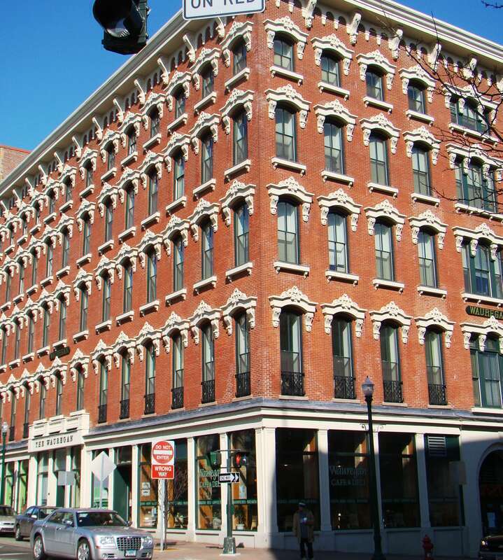 Downtown Norwich Historic District: adderss listed in title. Recently refurbished Wauregan Hotel, now provides housing.